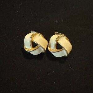 Vintage Napier Gold & Cream Enamel Knot Stud Earrings